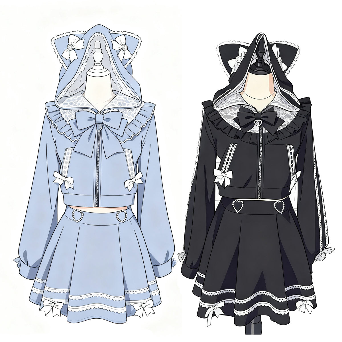 Lace Bow Cat Hoodie Skirt Set SE23755