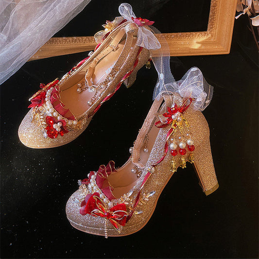 Lace Bow Gold Heels Shoes SE23630