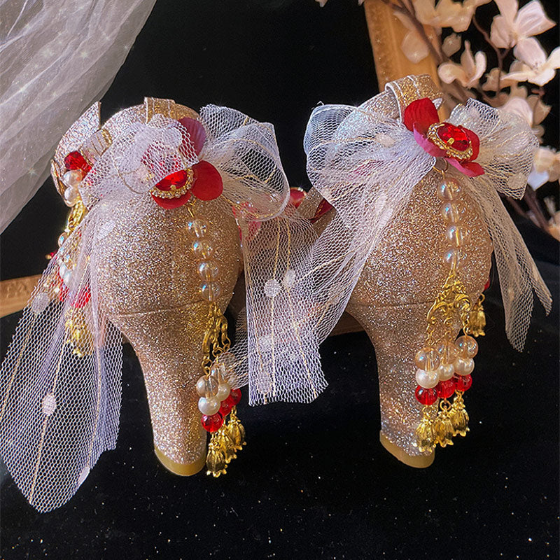 Lace Bow Gold Heels Shoes SE23630