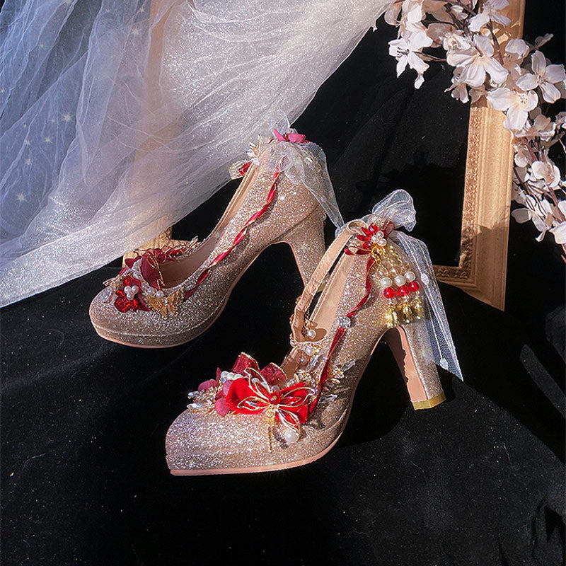 Lace Bow Gold Heels Shoes SE23630