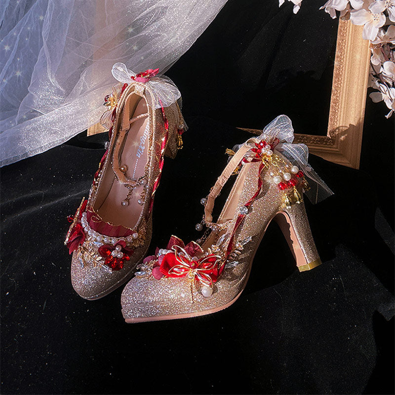 Lace Bow Gold Heels Shoes SE23630