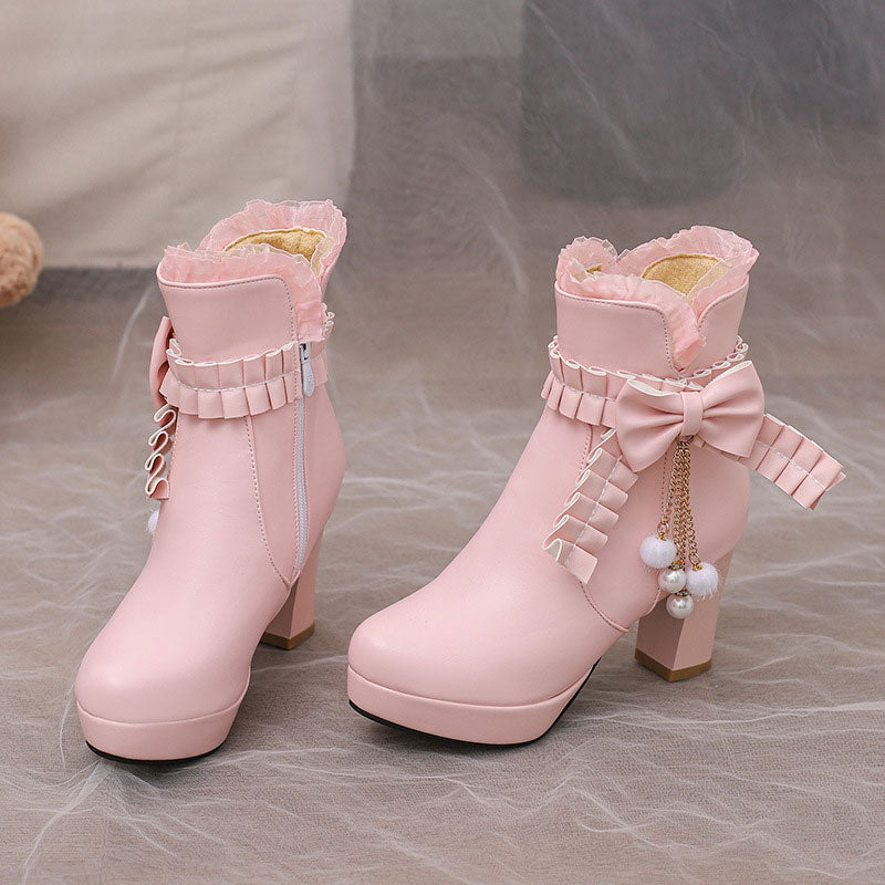 Lace Bow Heels Chunky Shoes SE22924