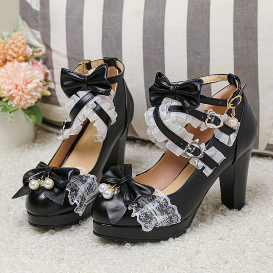 Lace Bow Lolita Heels Shoes SE23585