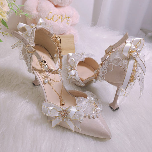 Lace Bow Pearl Chain Shoes SE23549