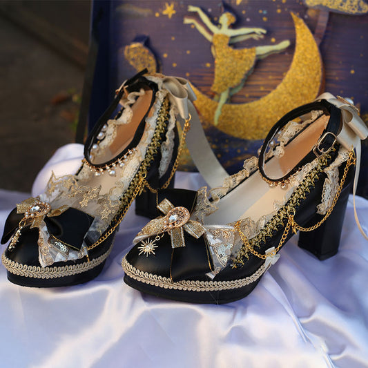 Lace Bow Pearl Heels Shoes SE23339