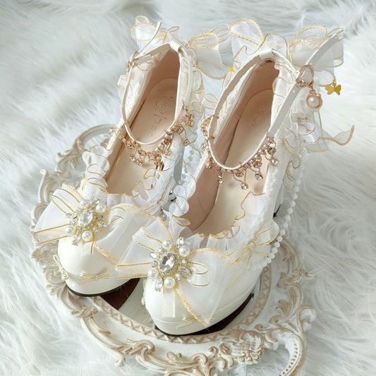 Lace Bow Pearl Heels Shoes SE23532