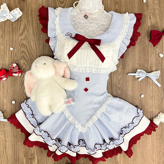 Lace Bow Plaid Blue Maid Dress SE23729