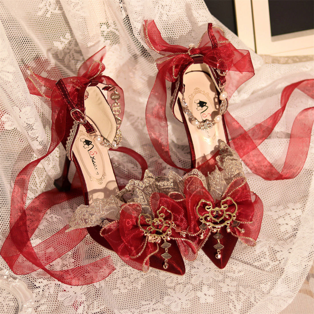 Lace Bow Ribbon Heels Shoes SE23428