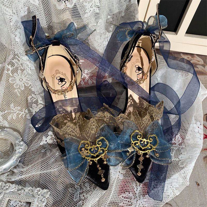 Lace Bow Ribbon Heels Shoes SE23428