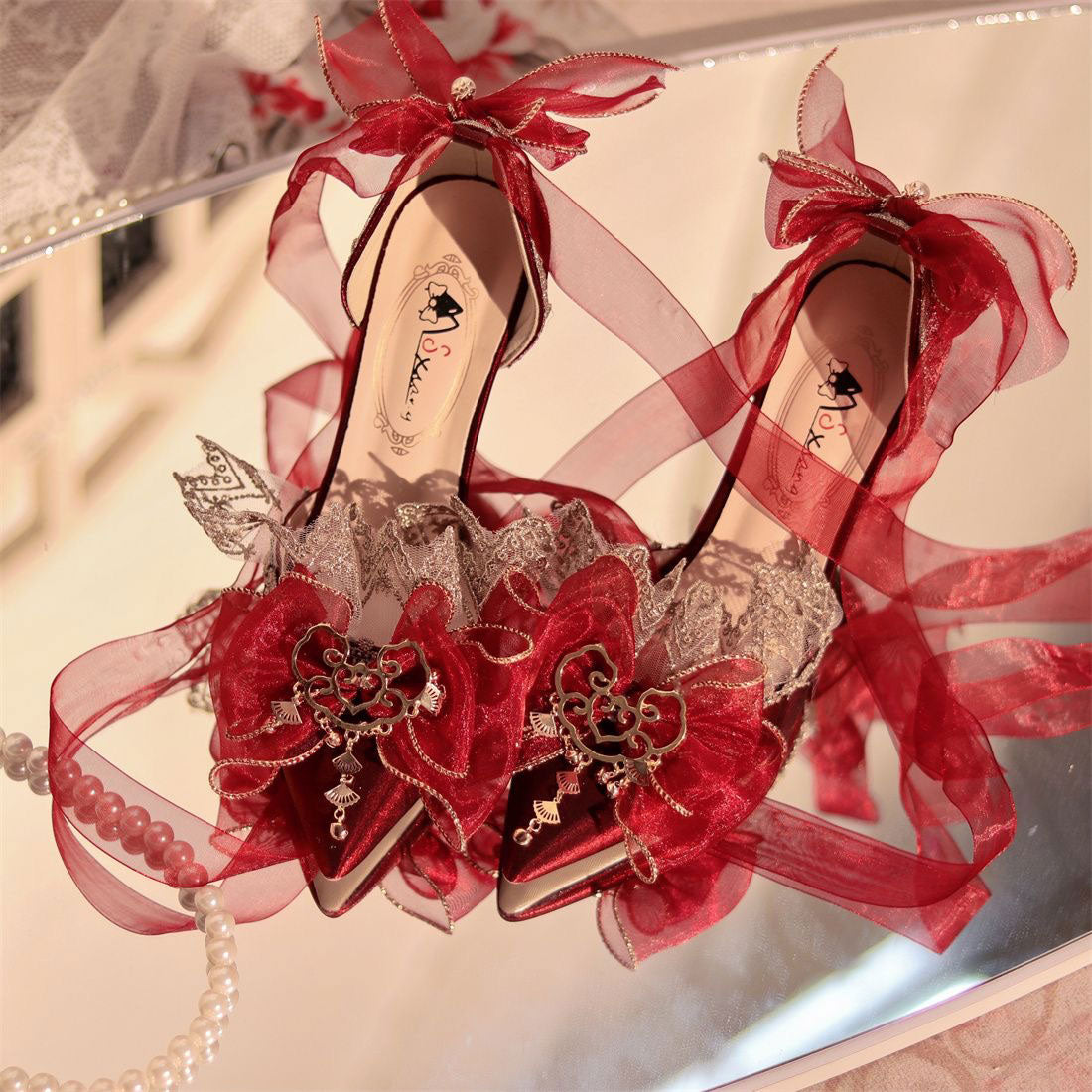 Lace Bow Ribbon Heels Shoes SE23428
