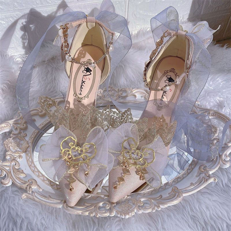 Lace Bow Ribbon Heels Shoes SE23428