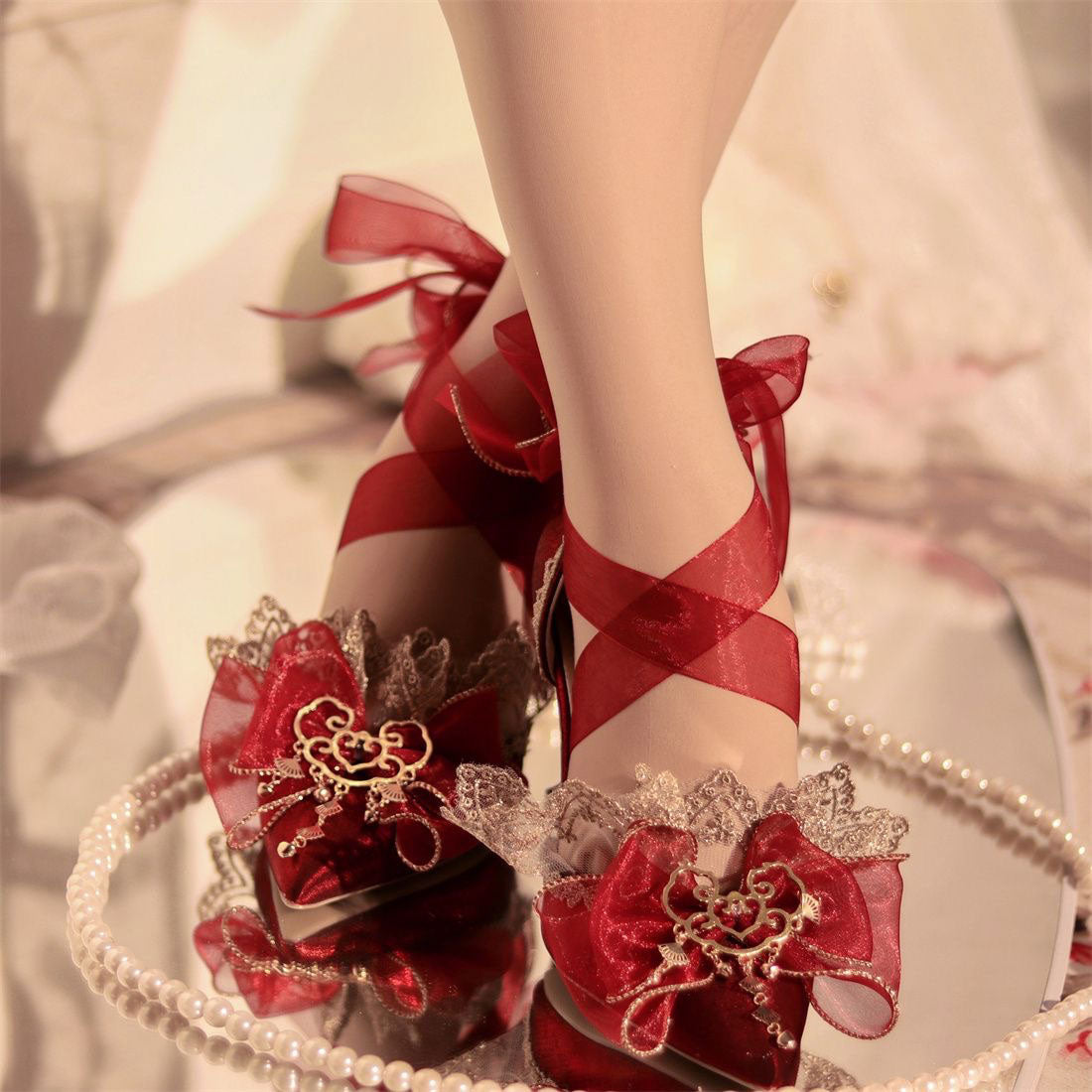 Lace Bow Ribbon Heels Shoes SE23428