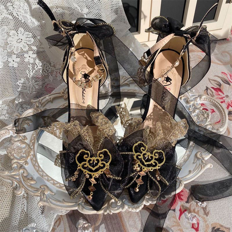 Lace Bow Ribbon Heels Shoes SE23428