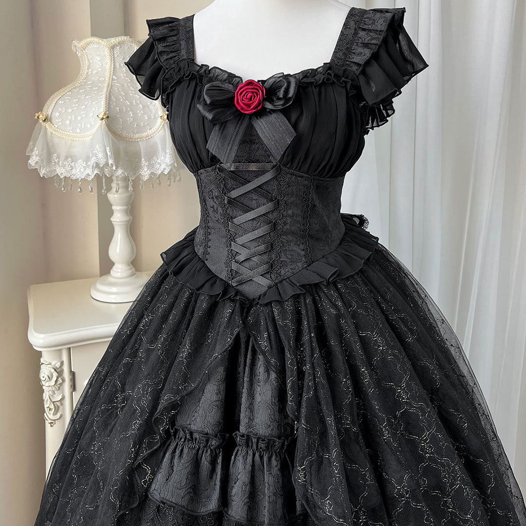 Lace Bow Rose Black Dress SE22711