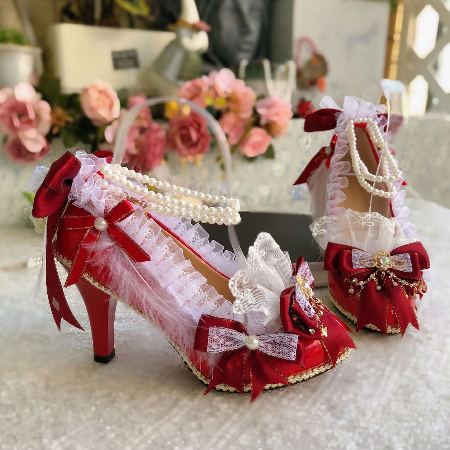 Lace Bow Wings Heels Shoes SE23411