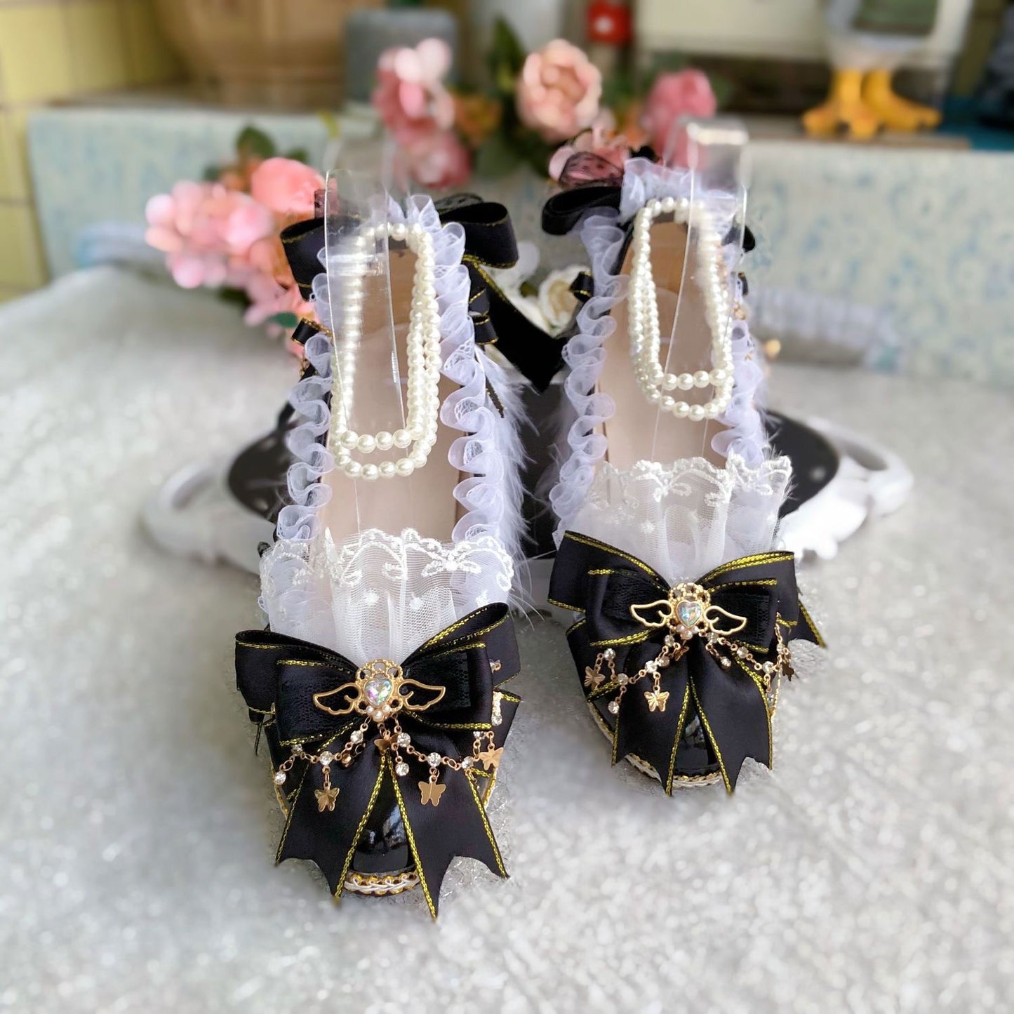 Lace Bow Wings Heels Shoes SE23411