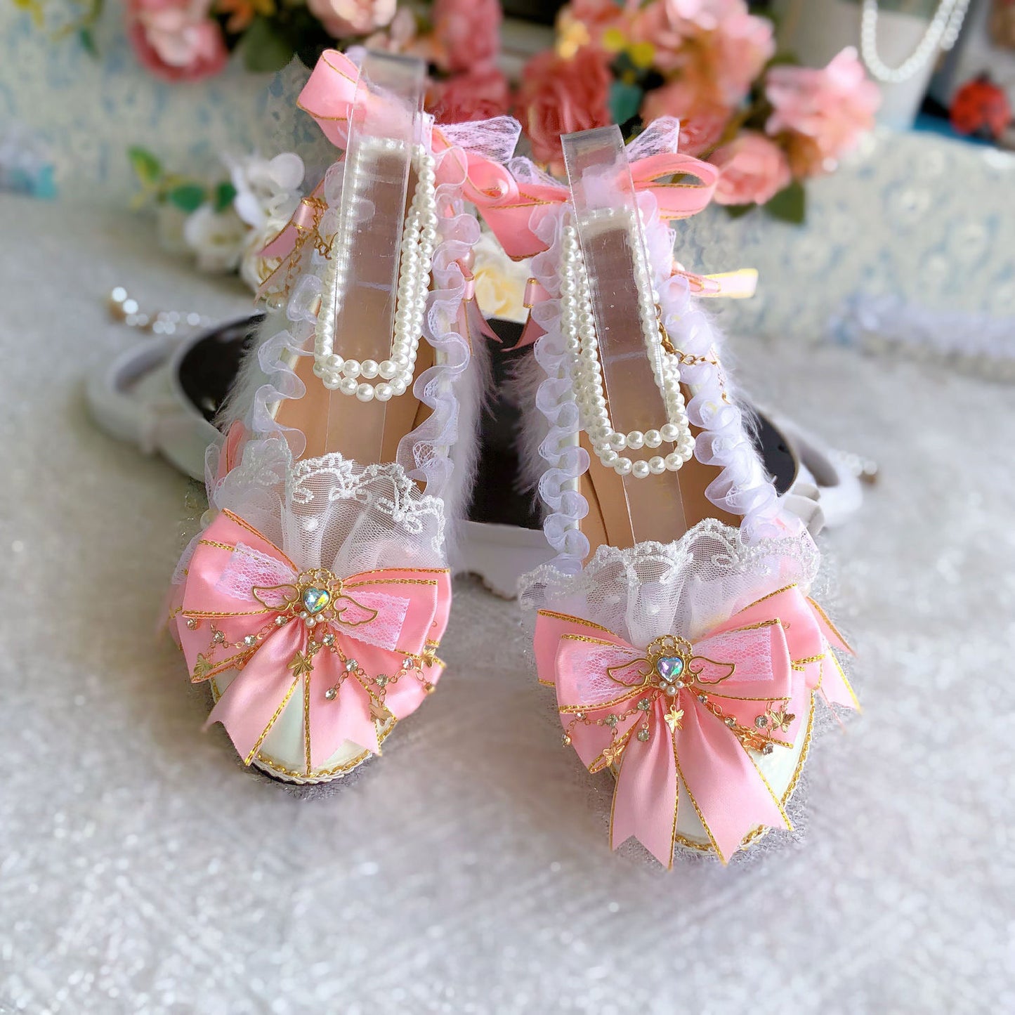 Lace Bow Wings Heels Shoes SE23411