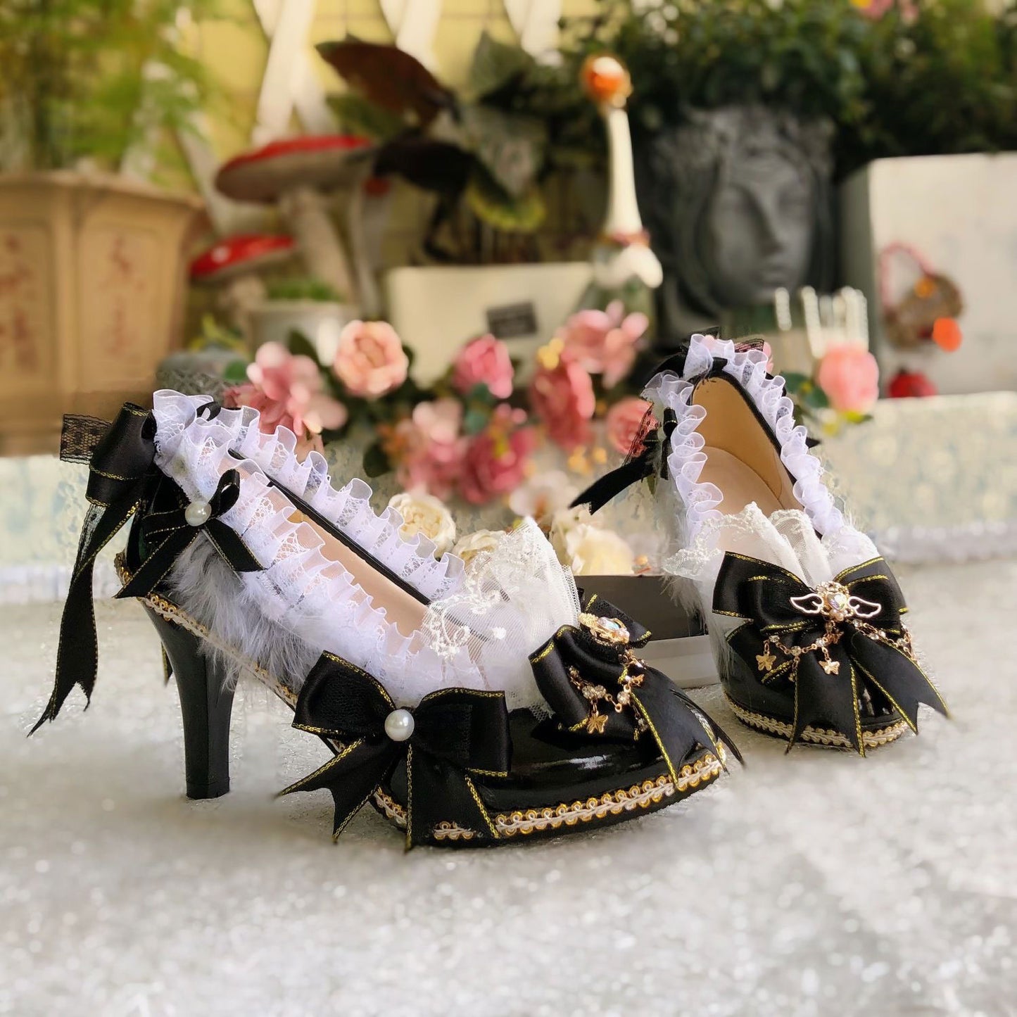 Lace Bow Wings Heels Shoes SE23411