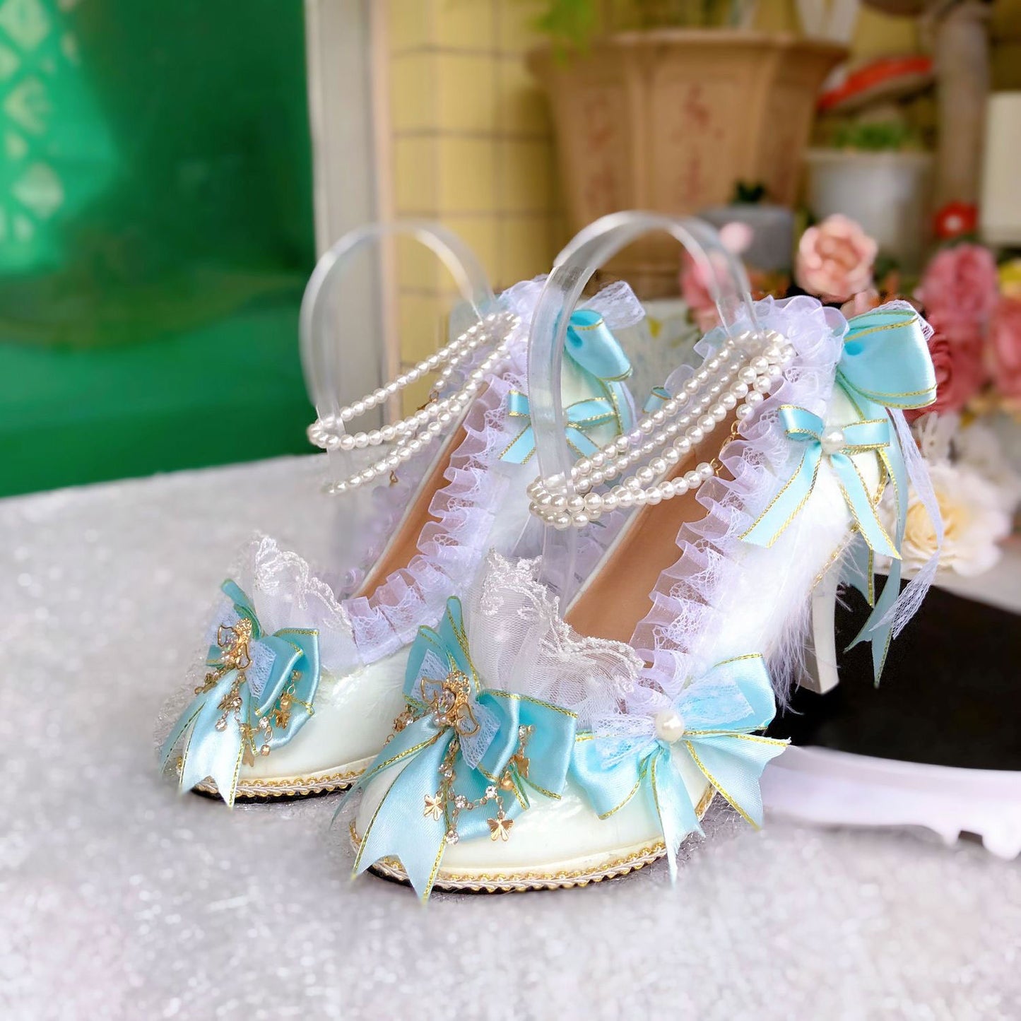 Lace Bow Wings Heels Shoes SE23411