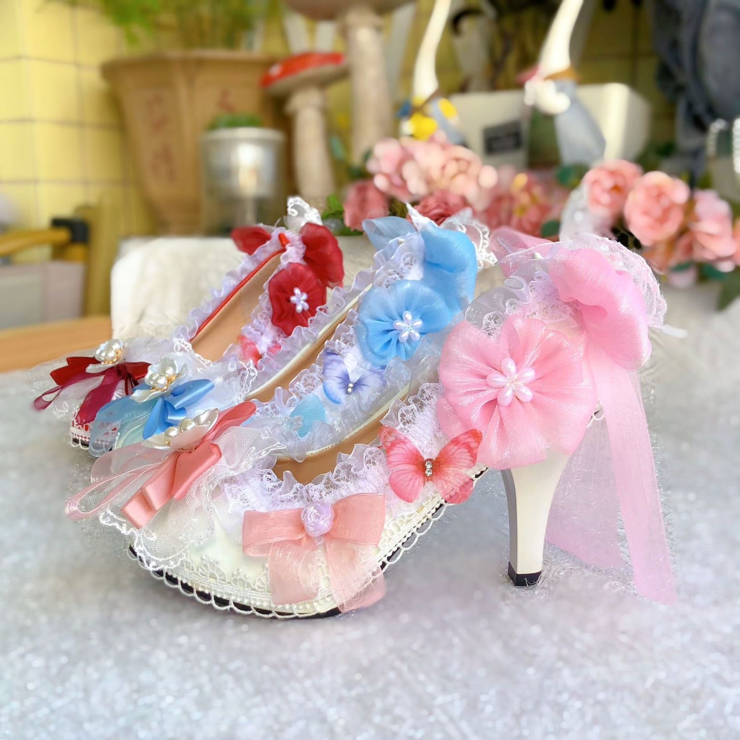Lace Floral Bow Heels SE23415