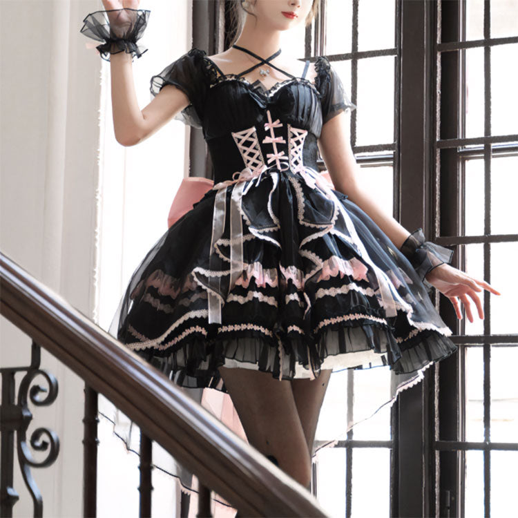 Lace Floral Bow Short Sleeves Dress SE23444