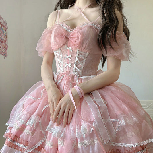 Lace Floral Bow Short Sleeves Dress SE23444