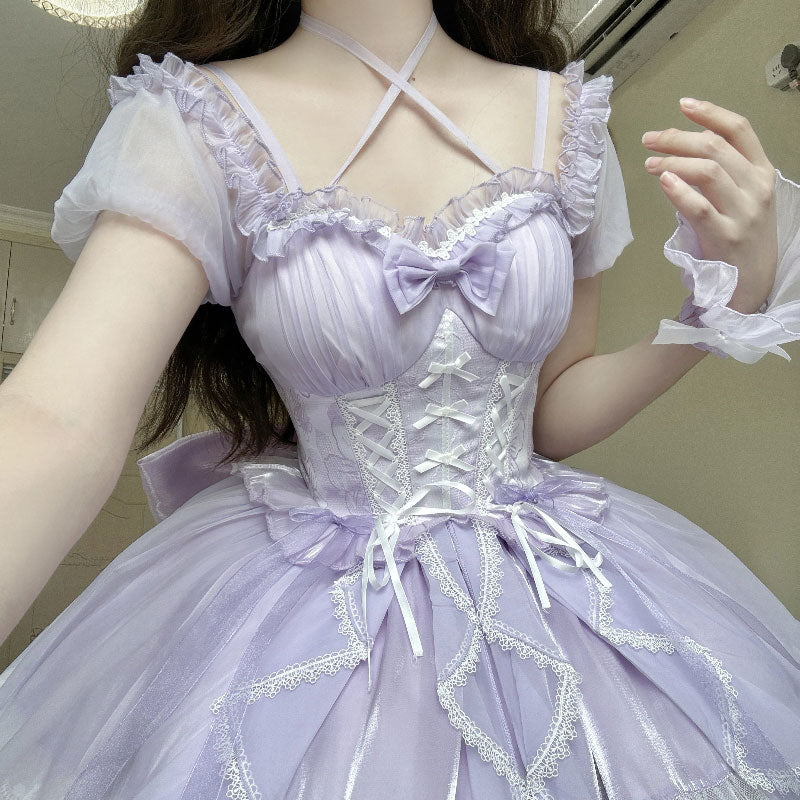 Lace Floral Bow Short Sleeves Dress SE23444