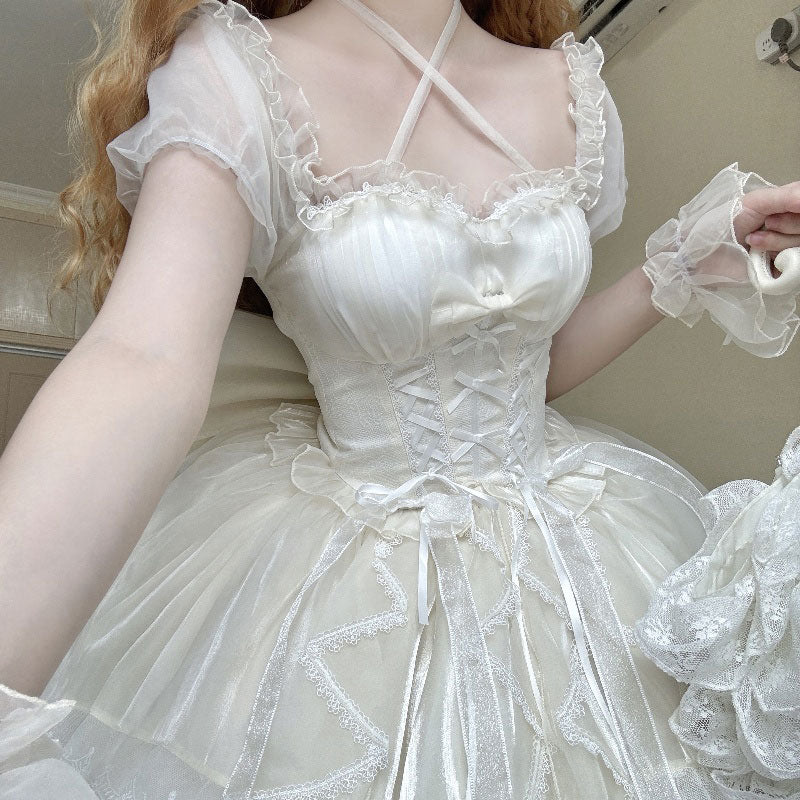 Lace Floral Bow Short Sleeves Dress SE23444