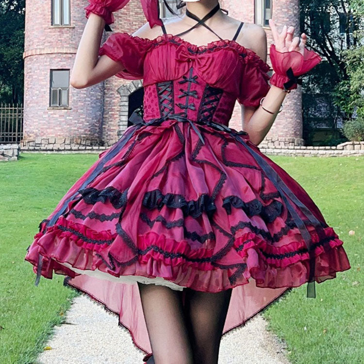 Lace Floral Bow Short Sleeves Dress SE23444