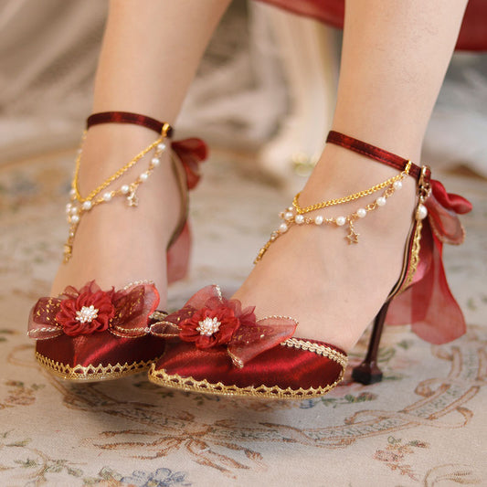 Lace Floral Red Heels Shoes SE23380