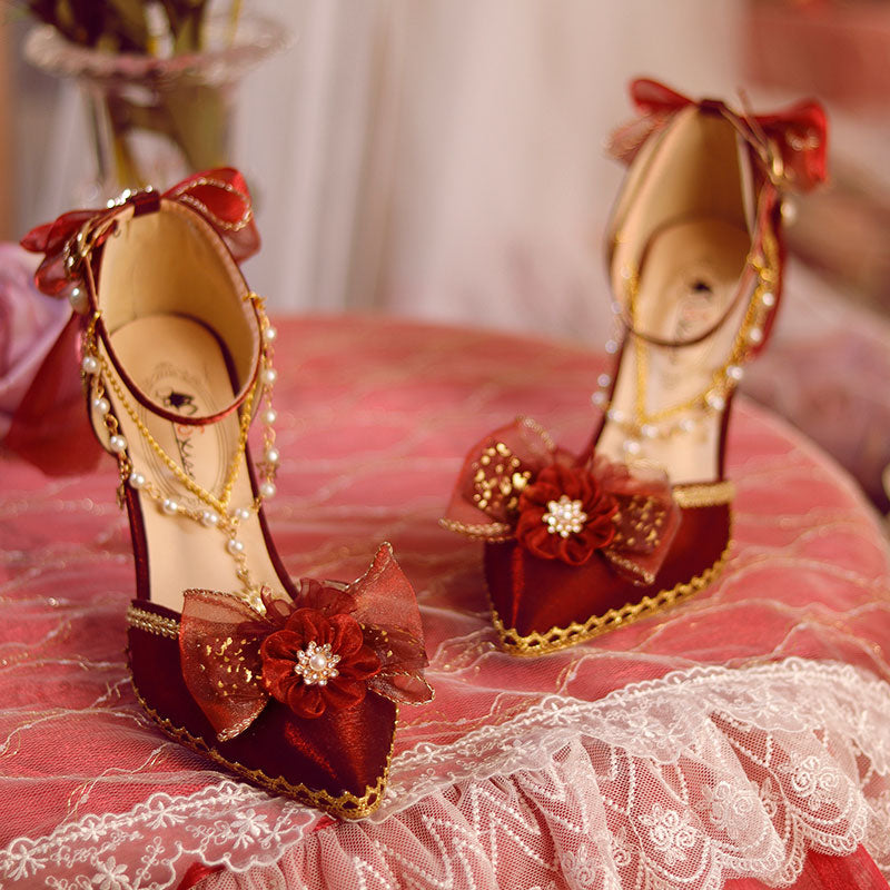 Lace Floral Red Heels Shoes SE23380