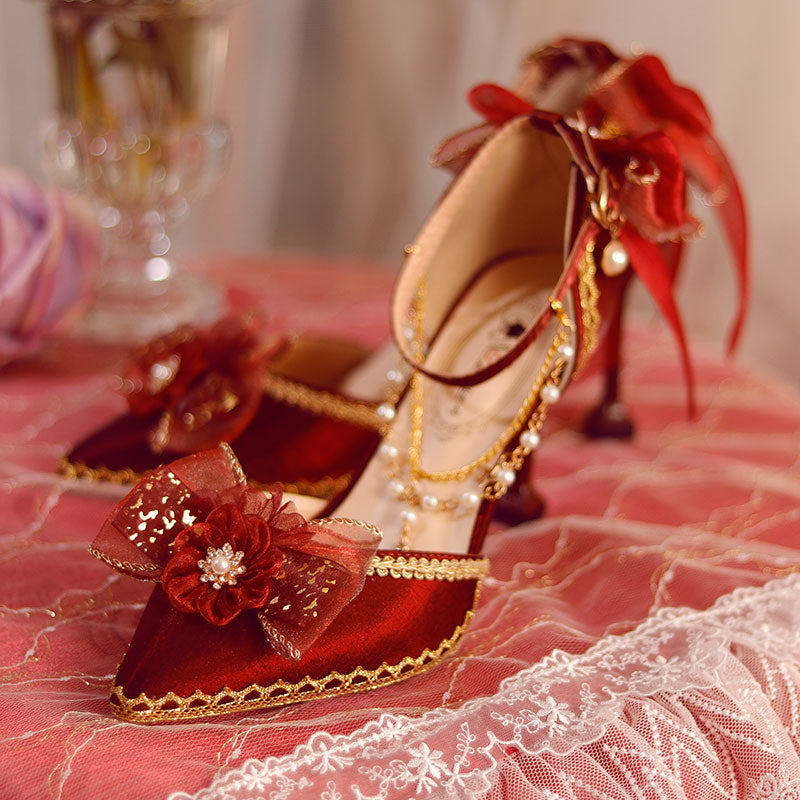 Lace Floral Red Heels Shoes SE23380