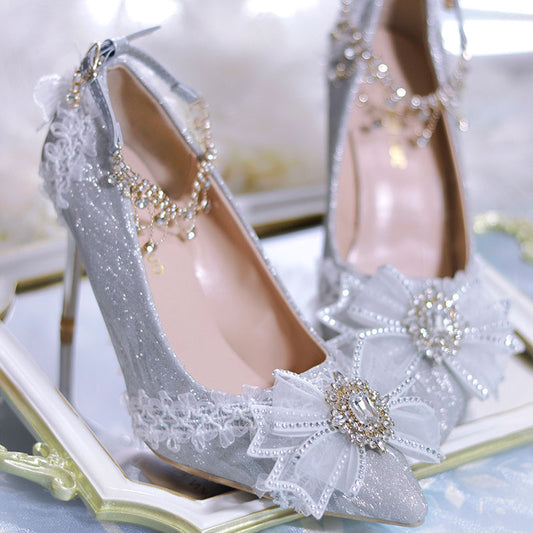 Lace Flower Bow Silver Heels Shoes SE23544