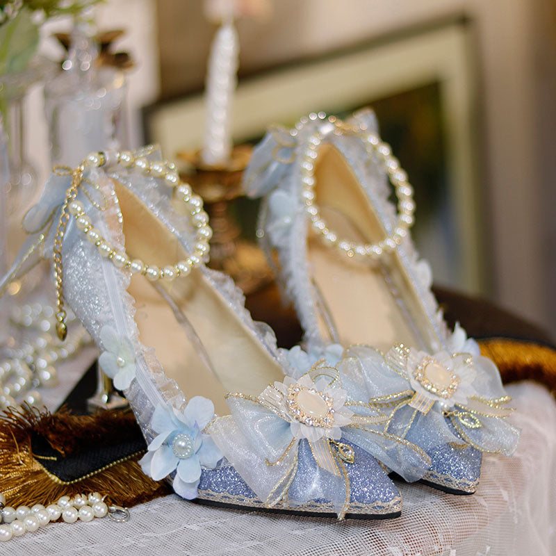 Lace Flower Pearl Heels Shoes SE23350