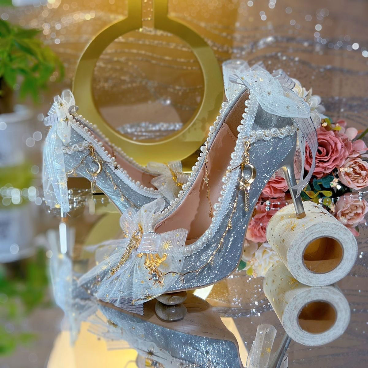 Lace Flower Star Moon Silver Heels SE23421