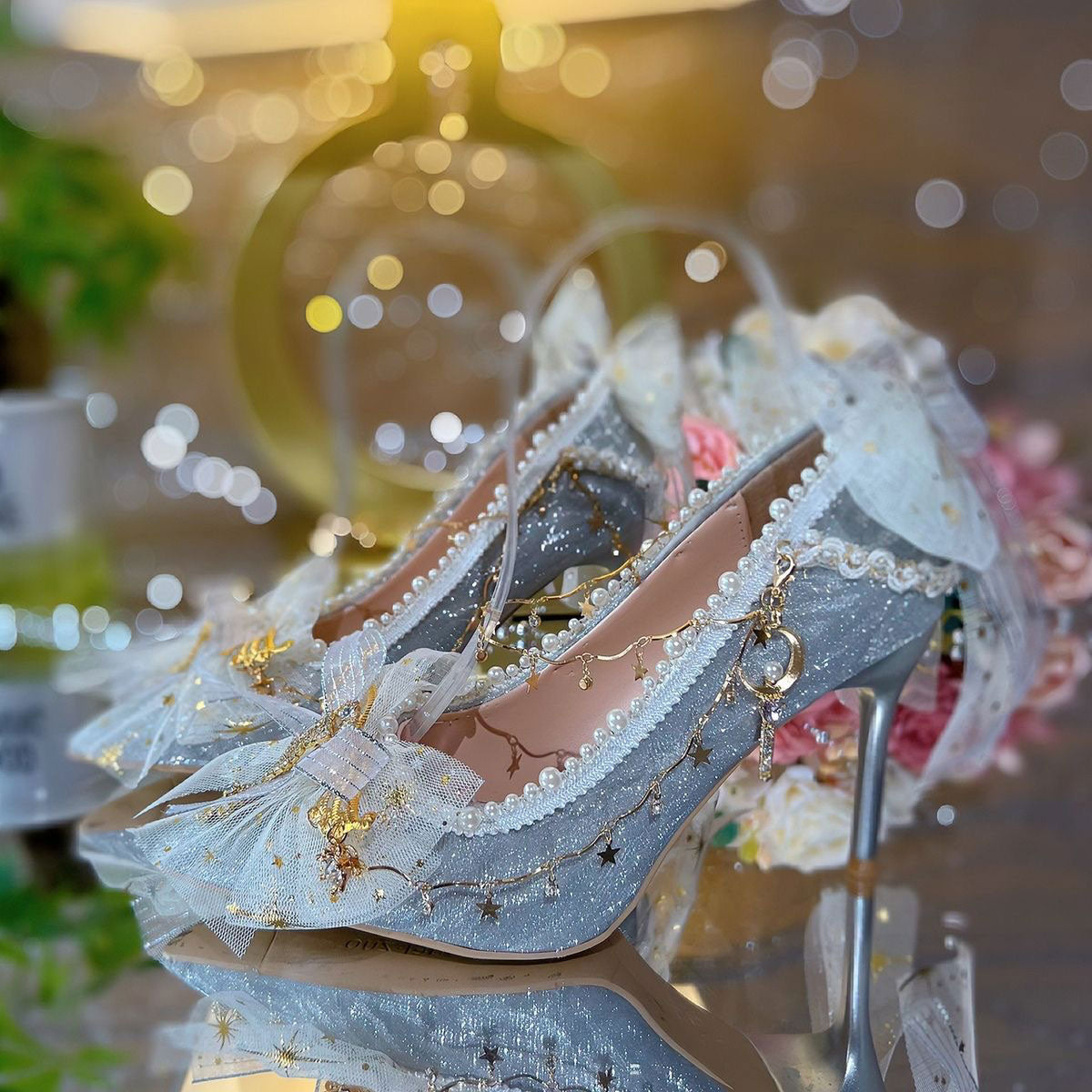 Lace Flower Star Moon Silver Heels SE23421