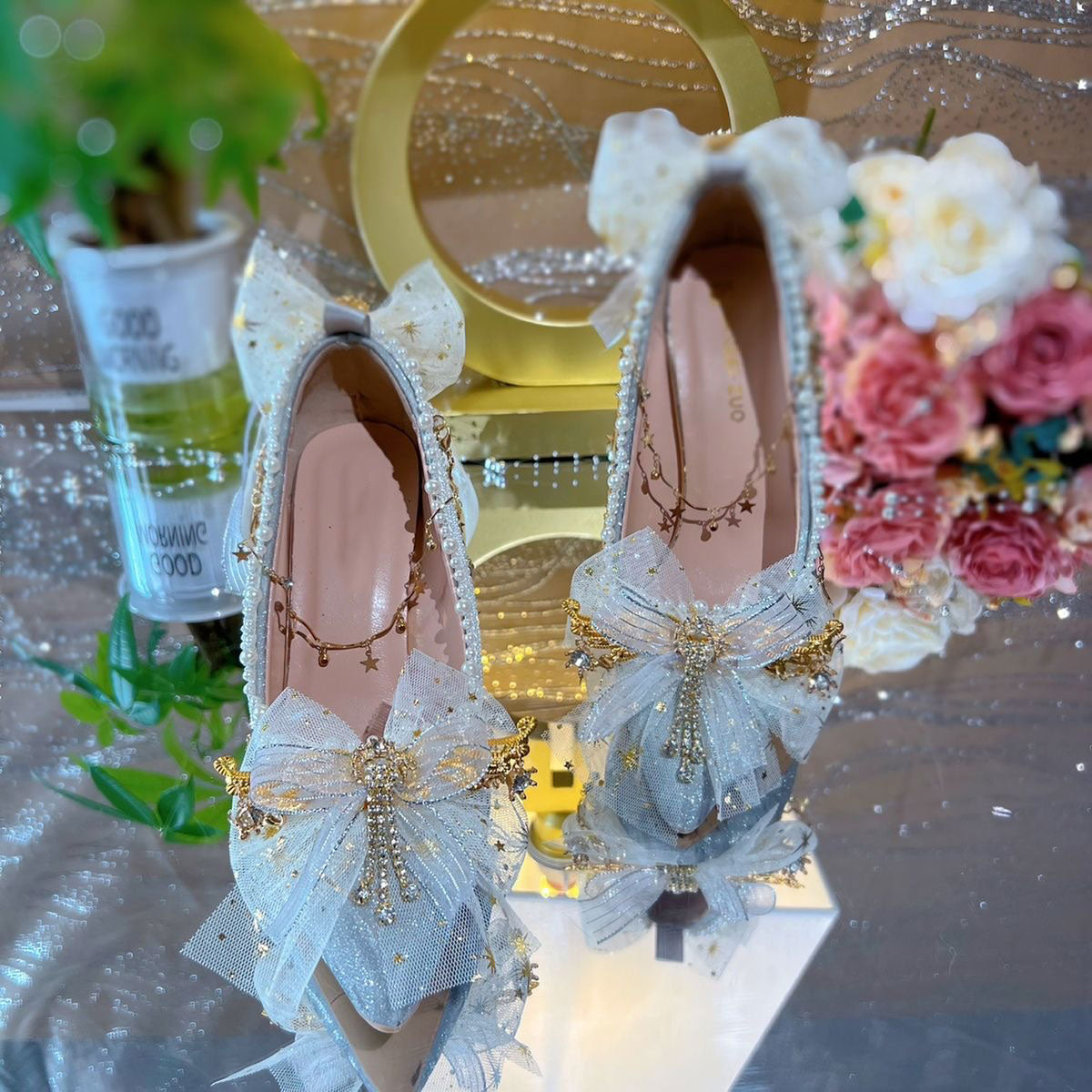 Lace Flower Star Moon Silver Heels SE23421