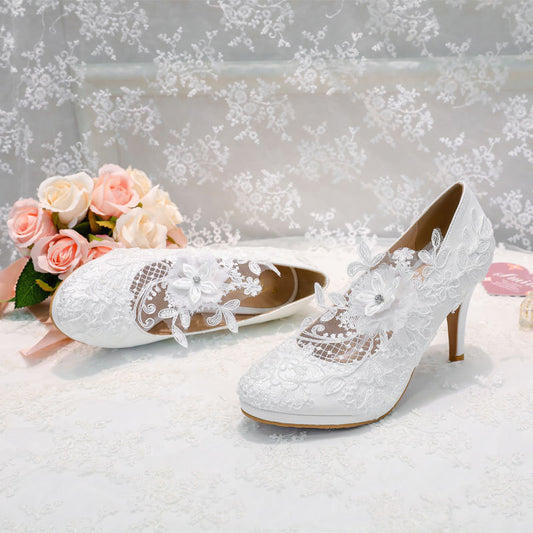 Lace Flower White Heels Shoes SE23589