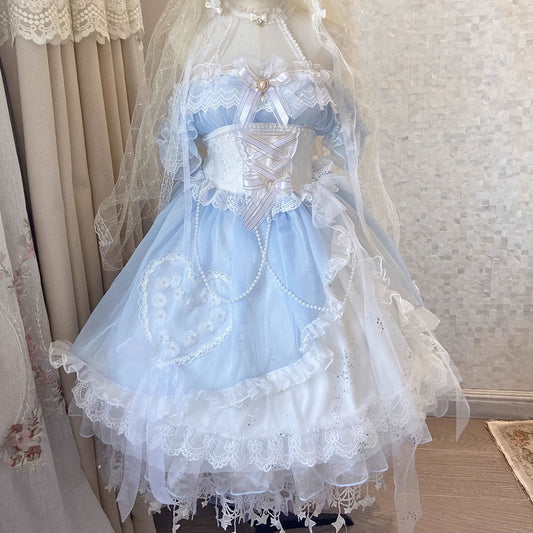 Lace Mesh Bow Off Shoulder Blue Dress SE22847