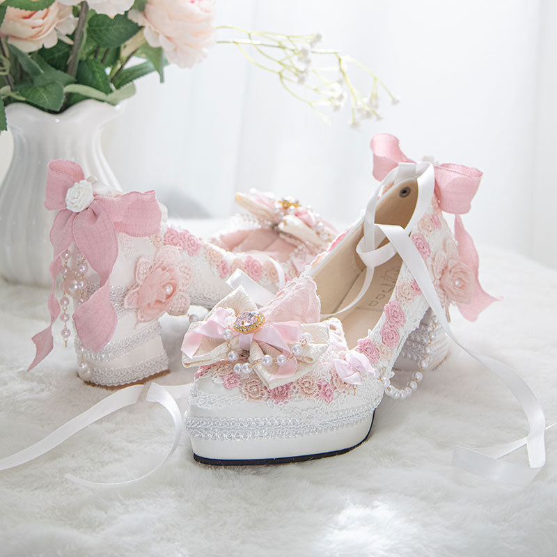 Lace Pearl Flower Heels Shoes SE23473