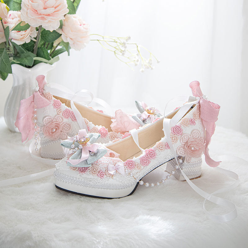 Lace Pearl Flower Heels Shoes SE23473