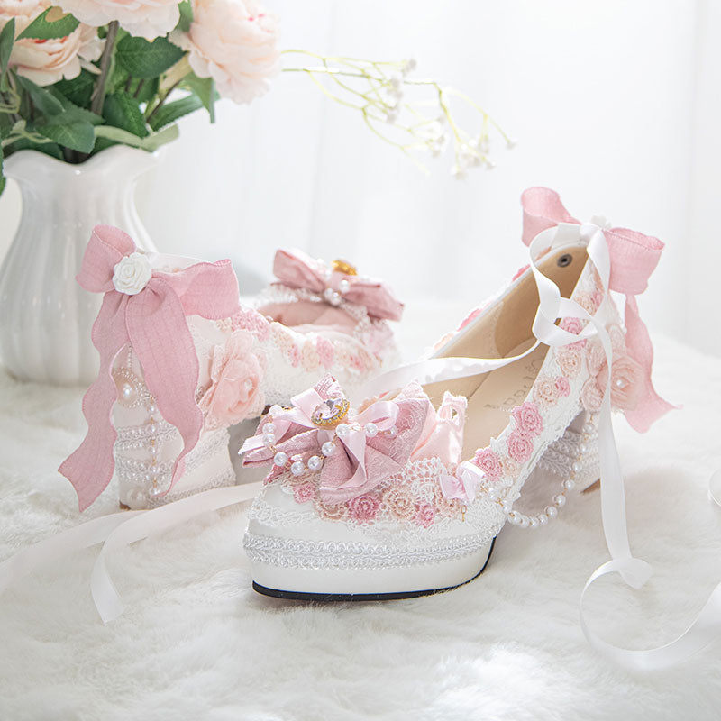 Lace Pearl Flower Heels Shoes SE23473