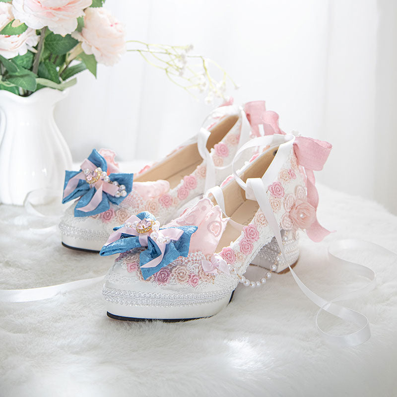 Lace Pearl Flower Heels Shoes SE23473