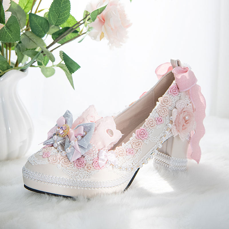 Lace Pearl Flower Heels Shoes SE23473