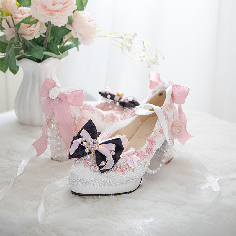 Lace Pearl Flower Heels Shoes SE23473