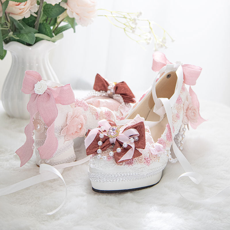Lace Pearl Flower Heels Shoes SE23473