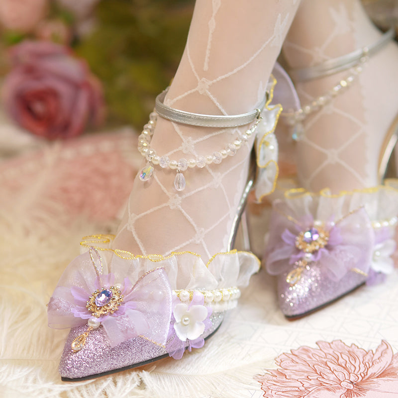 Lace Purple Flower Heels Shoes SE23735