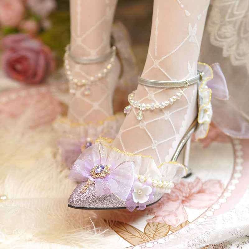 Lace Purple Flower Heels Shoes SE23735
