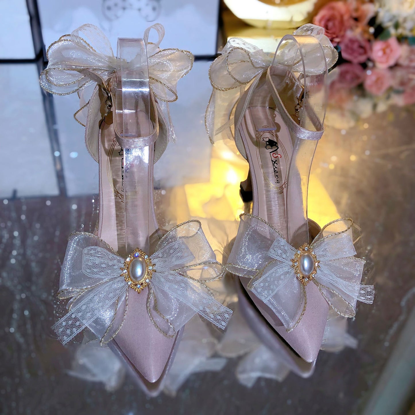 Lace Rainbow Bow Heels Shoes SE23417