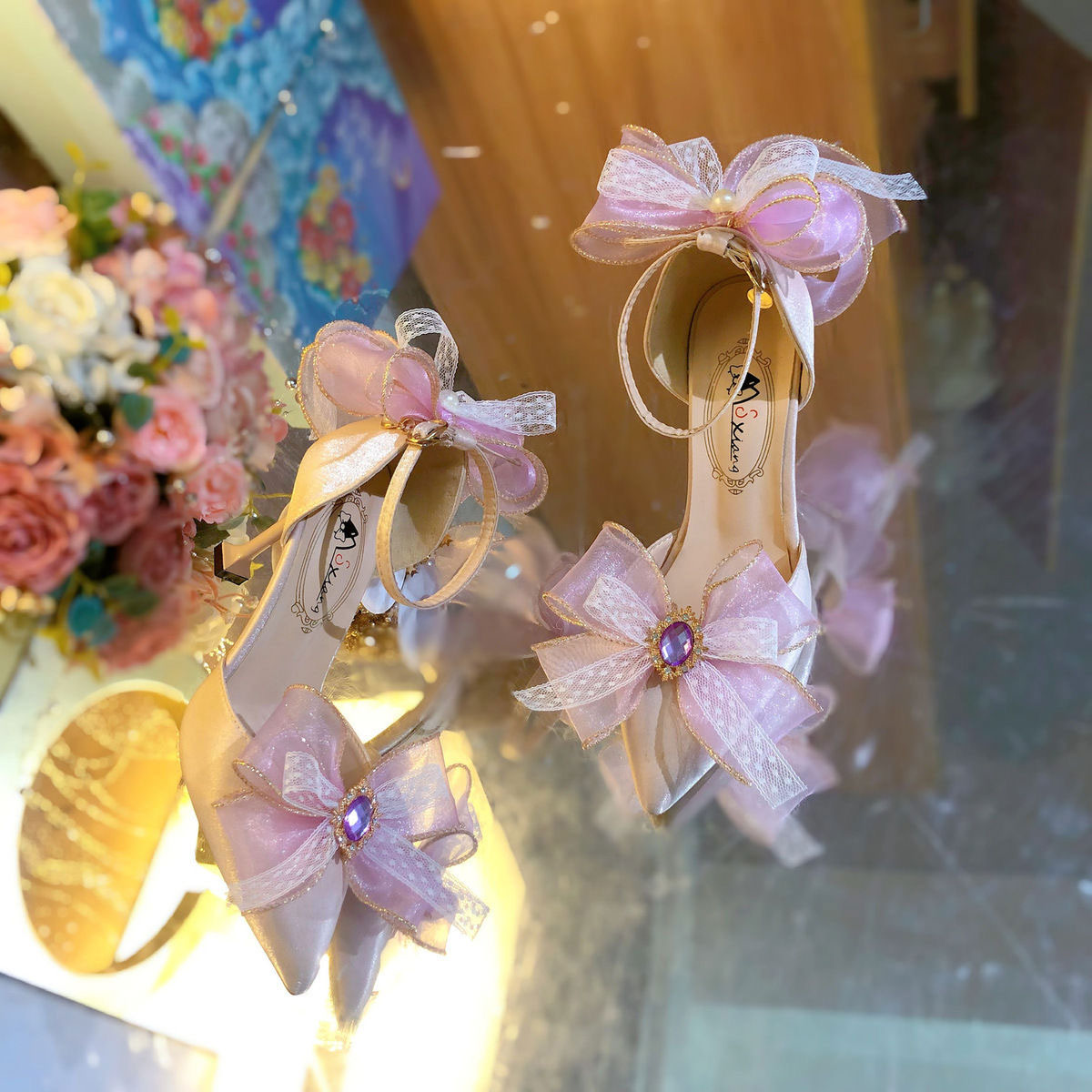 Lace Rainbow Bow Heels Shoes SE23417